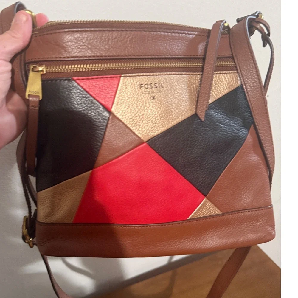 Fossil Crossbody Bag Patchwork Geometric Small Brown Excellent Leather Purse